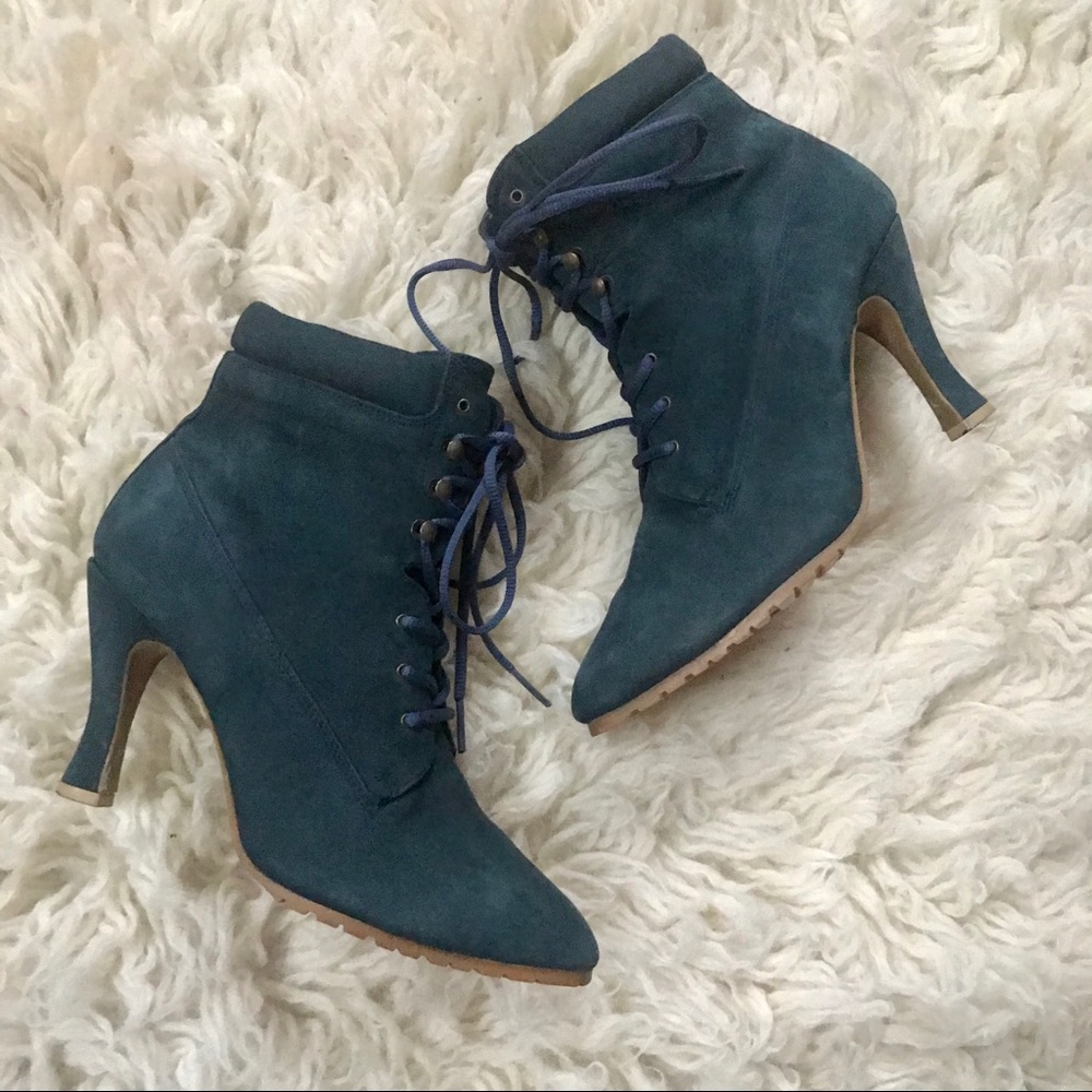 Teal lace up heeled booties